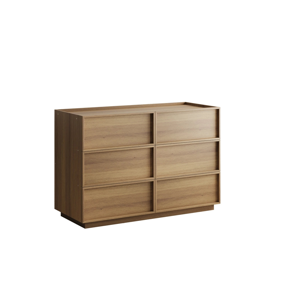 Comò moderno a sei cassetti in finitura rovere, 115 x 48 x 78 cm, con struttura in MDF e pannello truciolare