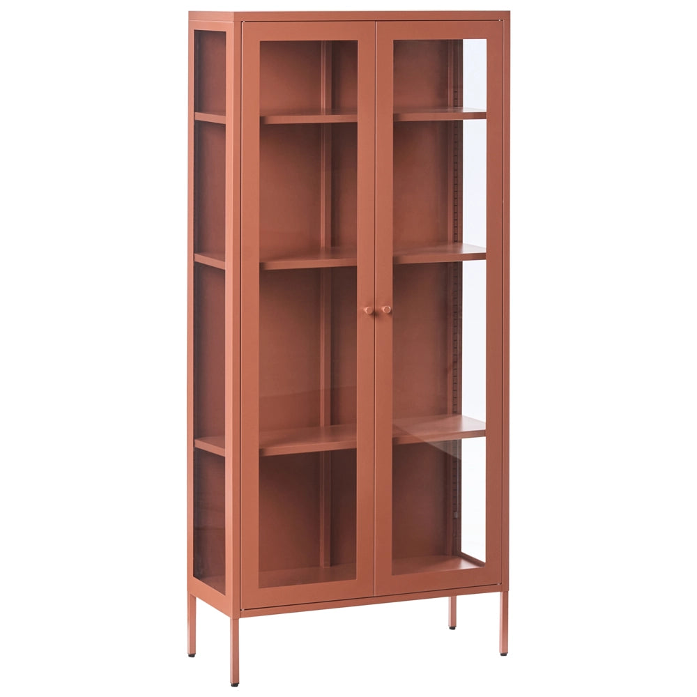 Credenza alta in metallo con 2 ante ed elementi in vetro, stile industriale moderno marrone dorato sala da pranzo soggiorno