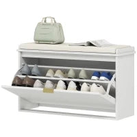 Panca Scarpiera con Ripiano Interno, in Legno e Tessuto Effetto Lino, 80x26x47.5 cm, Bianca e Beige