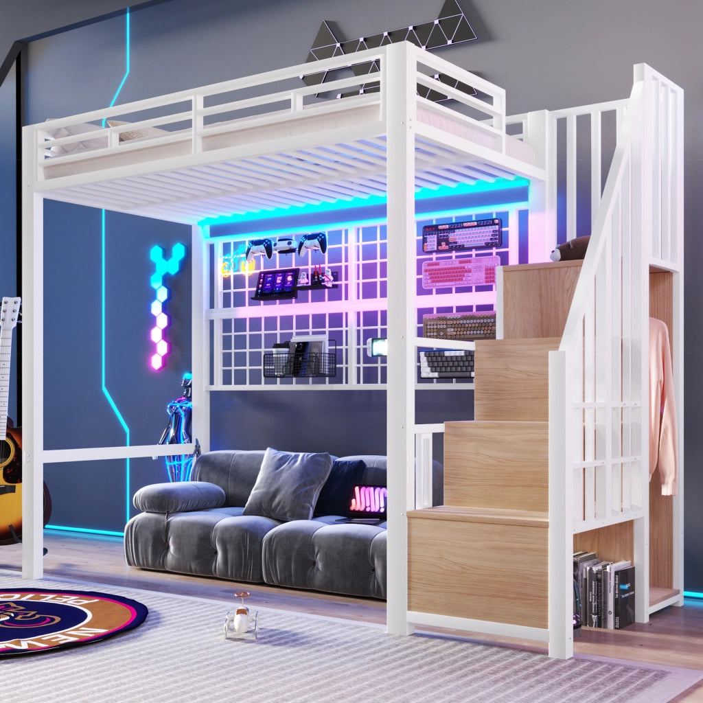 Letto a soppalco in metallo 90x200 cm con guardaroba; scala contenitore; barre appendiabiti; LED 7 colori e spazio aperto; bianco