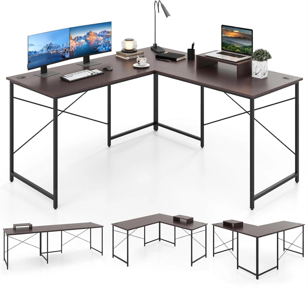 Scrivania per computer a forma di L, scrivania ad angolo convertibile con passacavi e supporto per monitor, 150 x 150 x 74,5 cm, tavolo da lavoro per ufficio, camera da letto (marrone, senza