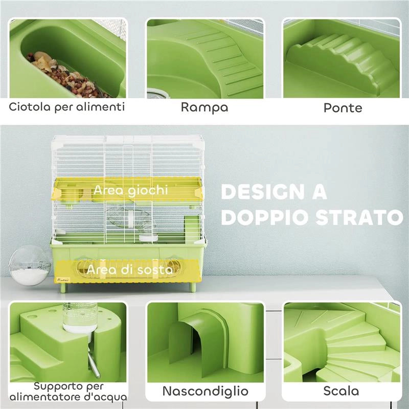 GABBIA PER CRICETI A 2 LIVELLI E 3 PORTE CON RUOTA E TUBI IN ACCIAIO PS E PP 44.5X28X44 CM VERDE E BIANCO
