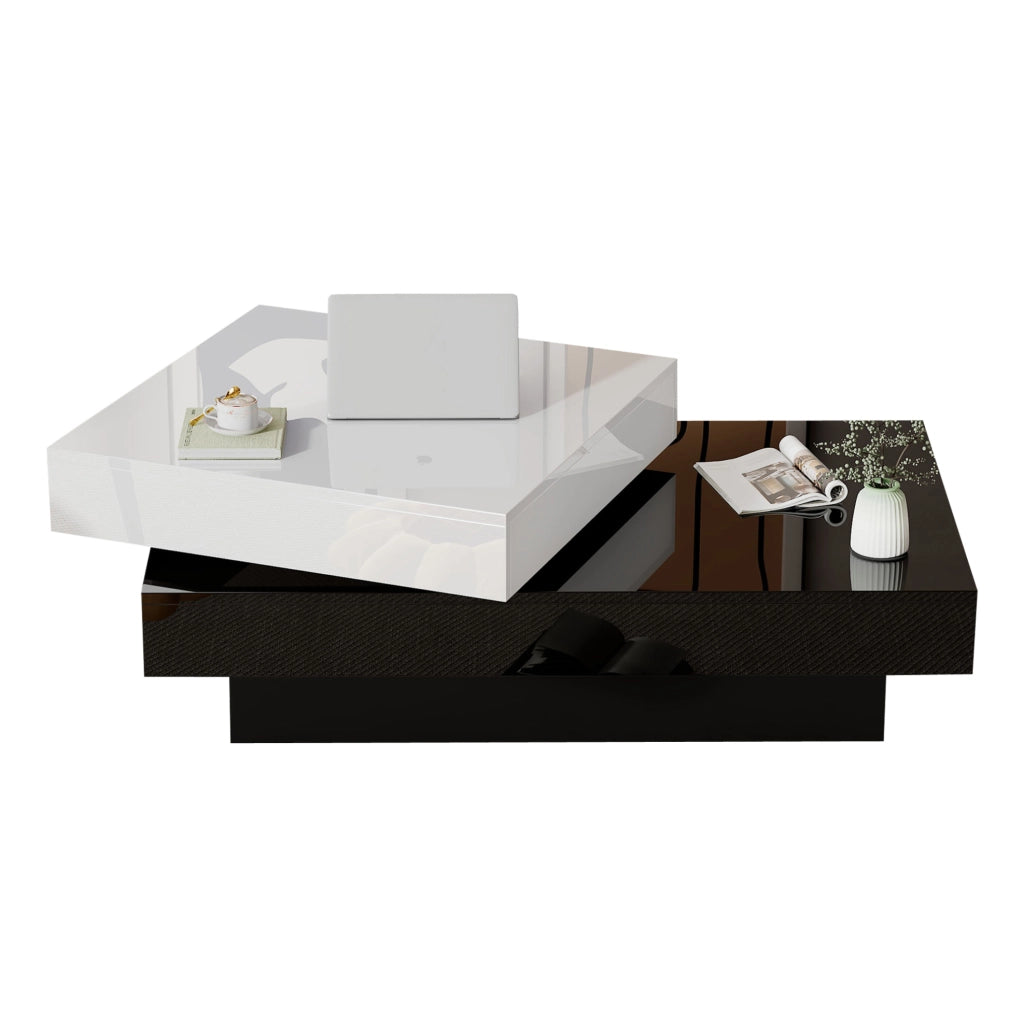 Tavolino da salotto girevole a 2 livelli 103 x 60 x 35;5 cm bianco e nero lucido