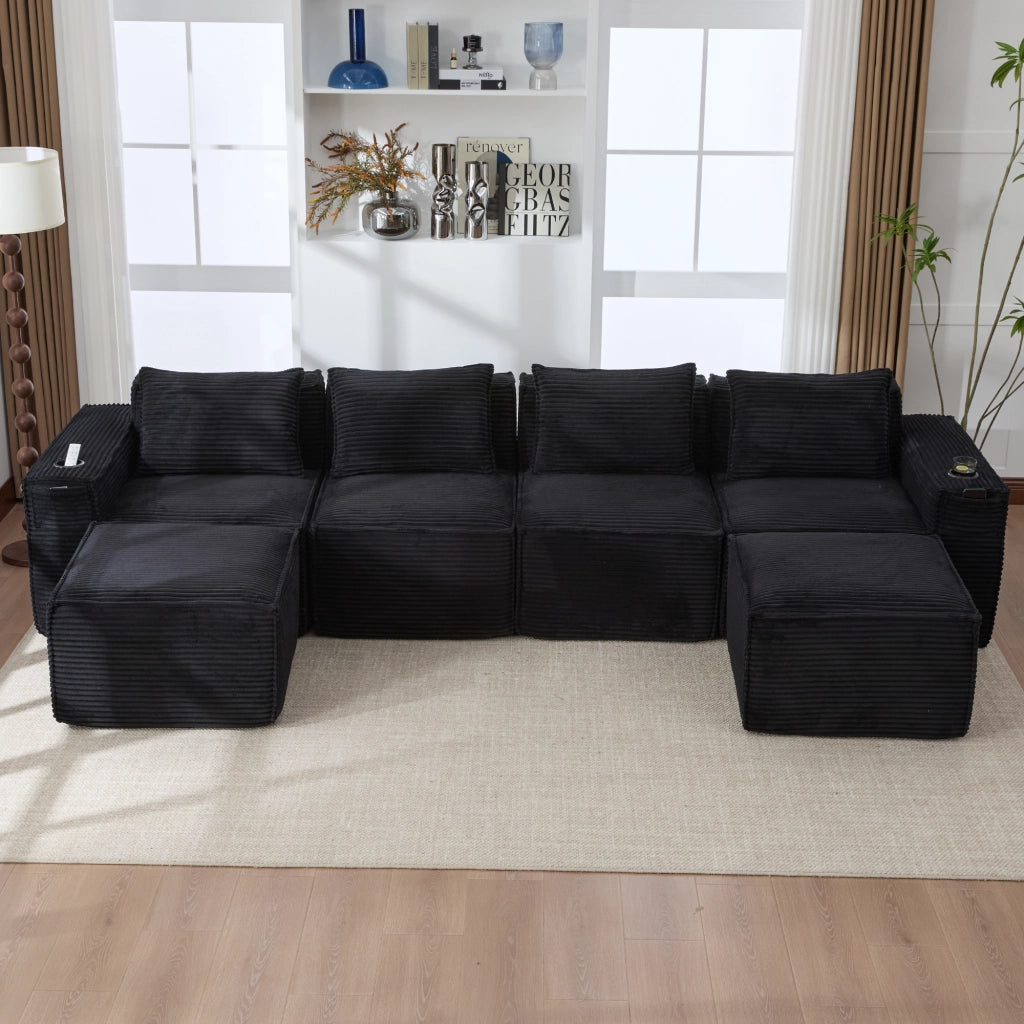 Divano modulare a 4 posti in tessuto a coste con 2 pouf, portabicchieri e tasche laterali, nero 330 × 162 × 75 cm