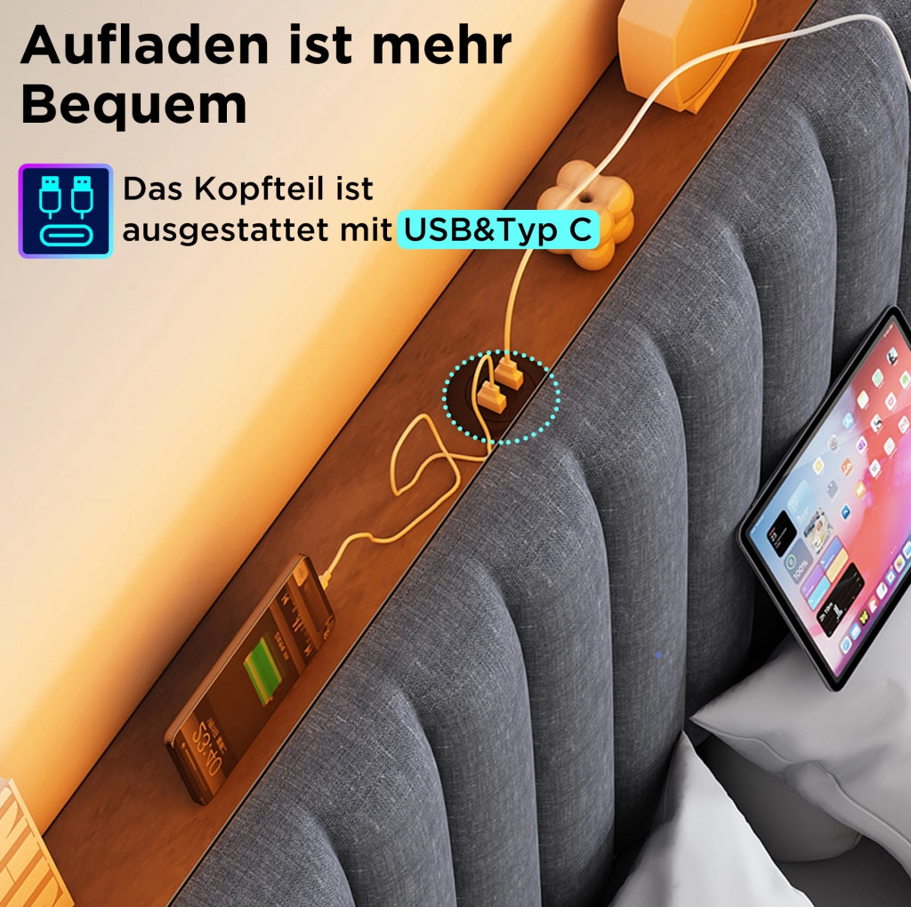 Letto matrimoniale 140x200 con LED, USB-C e vano contenitore