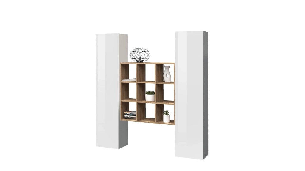 Parete attrezzata bianca sospesa 2 armadi libreria 9 ripiani Pella WH