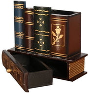 Pen holder in legno retro, creativo contenitore per penne sul tavolo, supporto per materiali da ufficio in forma di libro, organizzatore per pennelli per trucco con cassetto inferiore per studenti e lavoratori d'ufficio