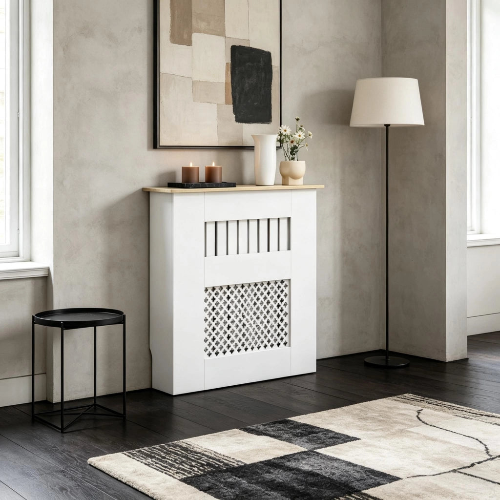 Copriradiatore bianco 78x19x81 cm, design moderno con lamelle e motivo a nido d'ape per termosifoni