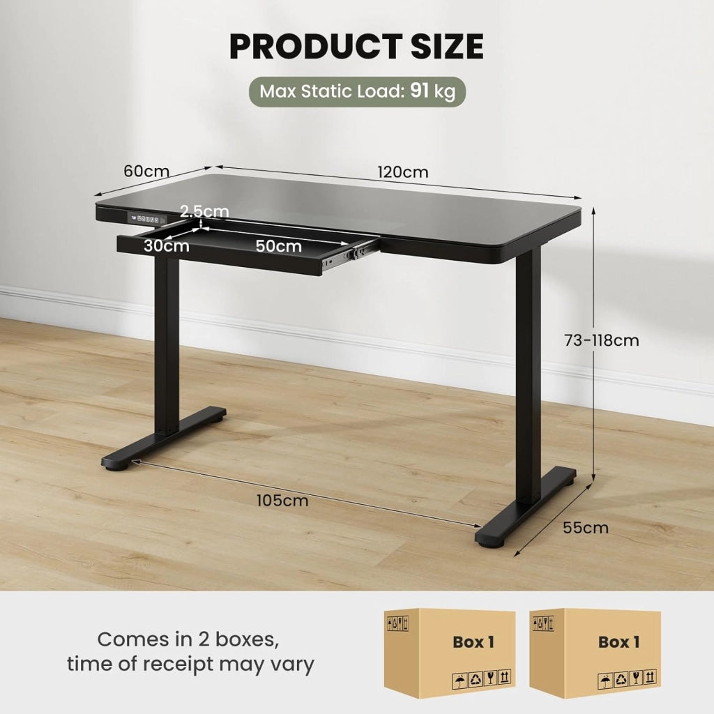 Scrivania elettrica per sedersi e stare in piedi, 120 x 60 cm, scrivania regolabile in altezza con cassetto, piano in vetro con scrittura, porta USB e tipo C, scrivania elettrica preimpostata