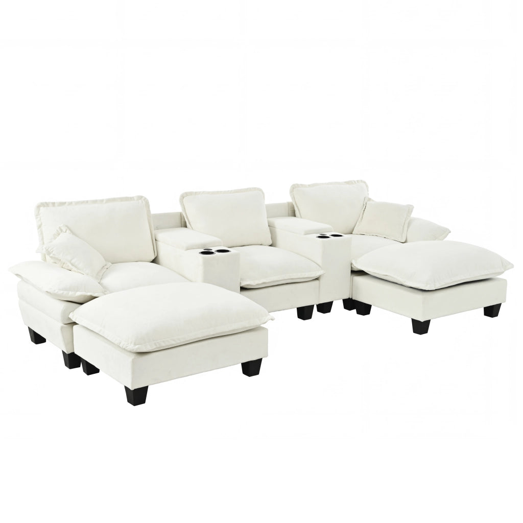 Divano panoramico a U modulare con contenitore; USB; portabicchieri e 2 pouf in chenille beige 323×151×90 cm