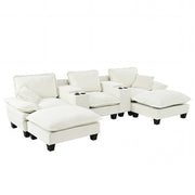 Divano panoramico a U modulare con contenitore; USB; portabicchieri e 2 pouf in chenille beige 323×151×90 cm