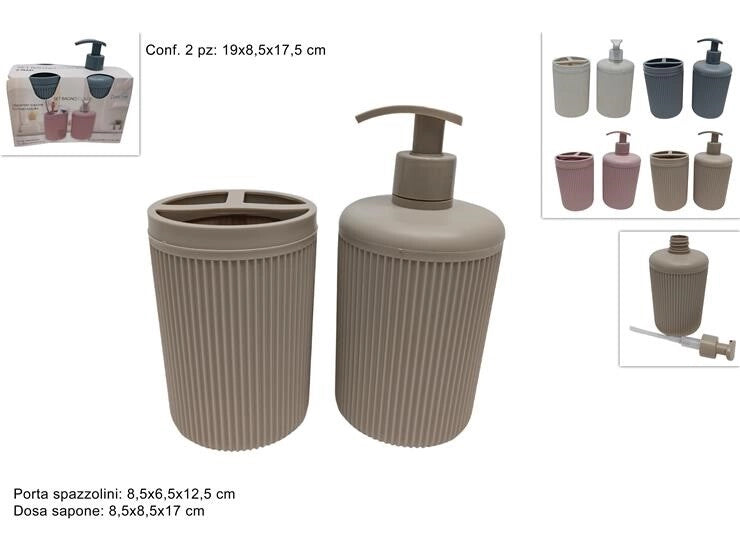 Set 2 Pezzi Accessori Bagno Portaspazzolini Dispenser Sapone Righe 4 Colori