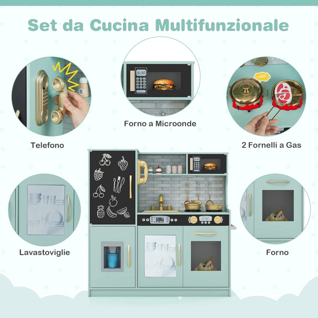Set da Cucina per Bambini con Lavagna, Telefono, Microonde, Fabbricatore di Ghiaccio, Giocattolo da Cucina in Legno con Accessori e Suoni Simulati per Ragazzi di 3-6 Anni (Verde Menta)