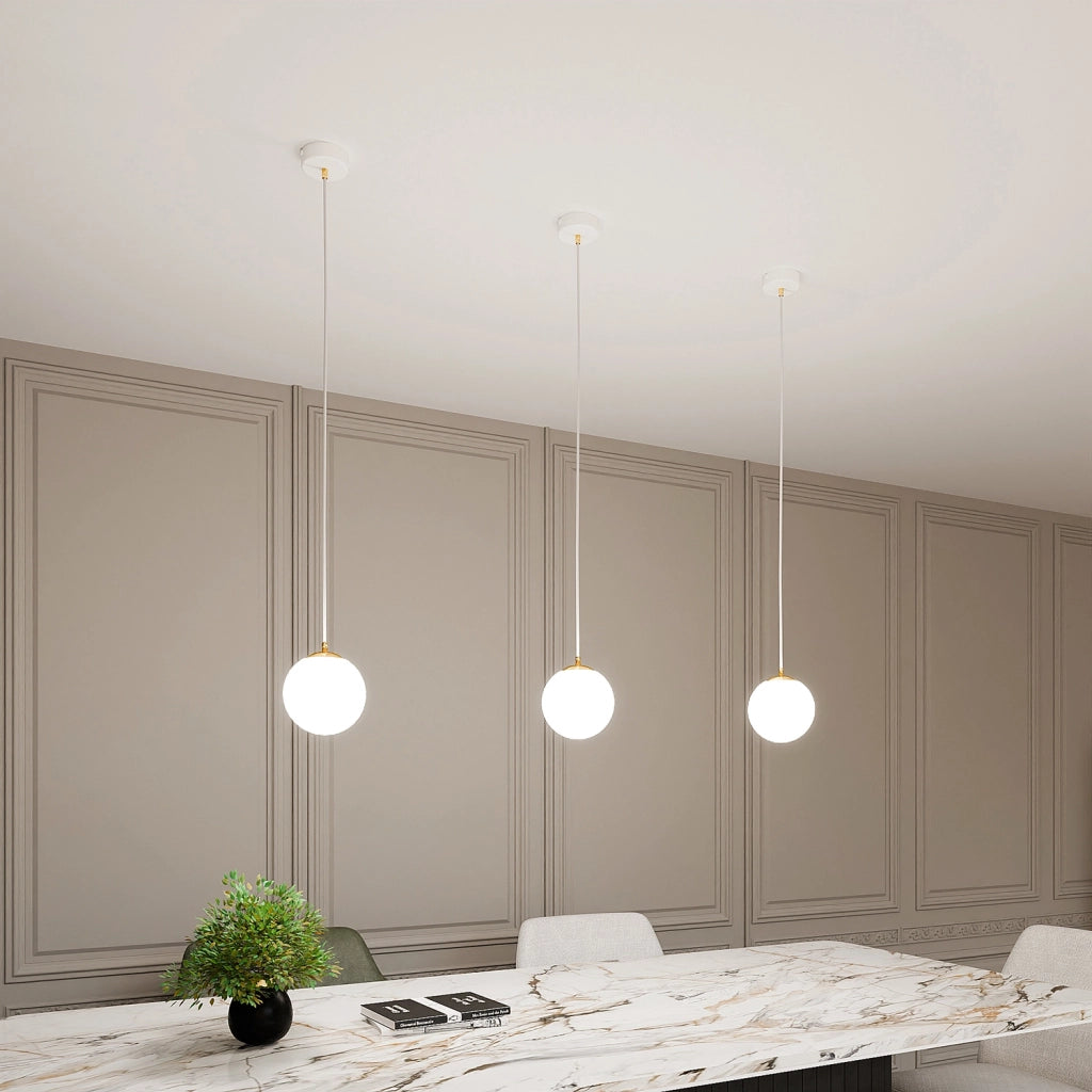 Sospensione Contemporanea Nuada 1 Luce In Acciaio Bianco Sfera Vetro Bianco