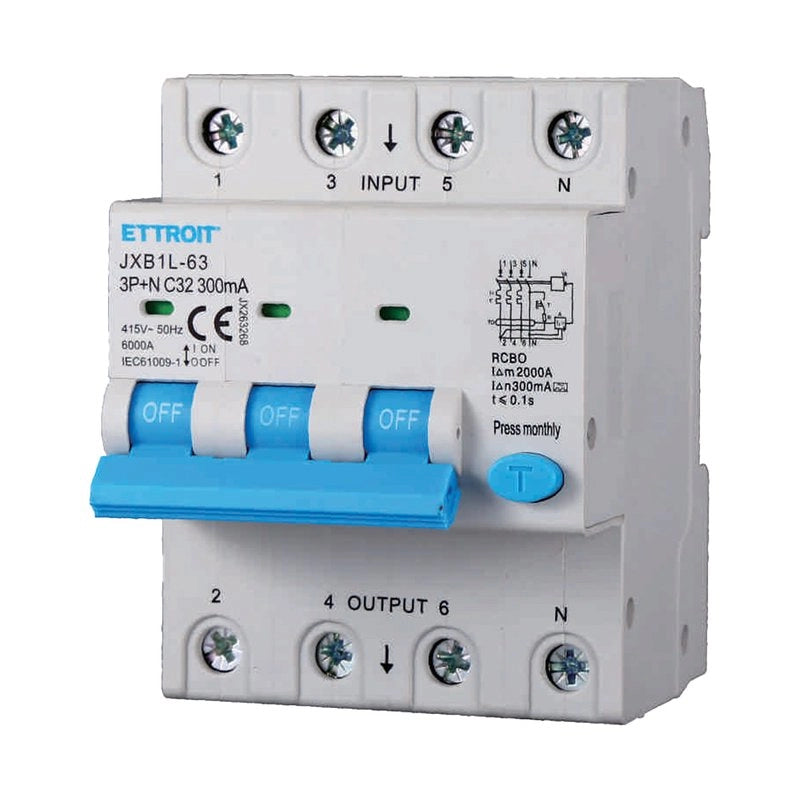 ETTROIT RCBO Interruttore Magnetotermico Differenziale Tipo A Curva C 3P+N 4M 6000A 300mA C32A AC 400V IP20 IEC61009-1