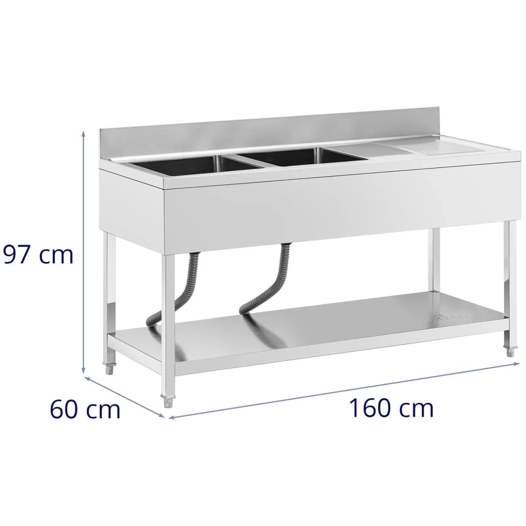 Lavello professionale in acciaio inox con 2 vasche 160 x 60 x 97 cm acciaio inox argento 14_0009565