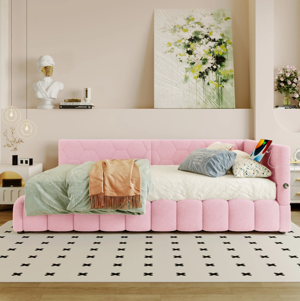 Letto singolo rosa 90x200 cm con contenitore idraulico, LED, USB e Type-C