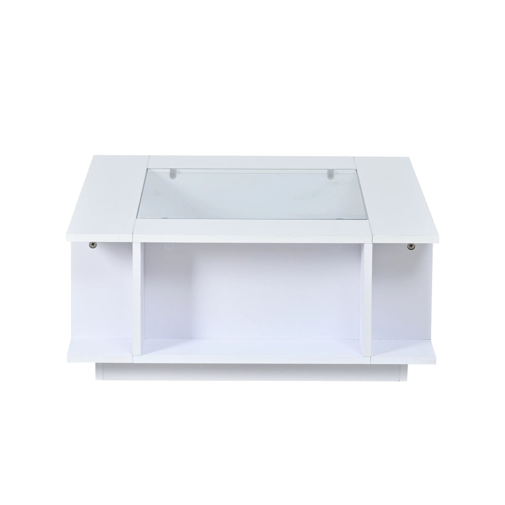 Tavolino da caffè quadrato con piano in vetro; LED; vani aperti e spazio laterale; bianco; 70 × 70 × 30 cm