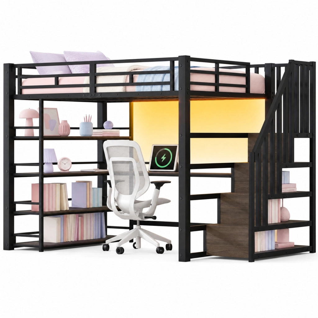 Letto a soppalco in metallo 140x200 con scrivania, scale contenitive e LED
