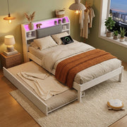Letto in legno 120x200 cm, con letto estraibile 90x190 cm, testiera imbottita, luci a LED, ripiano portaoggetti, presa di ricarica, bianco