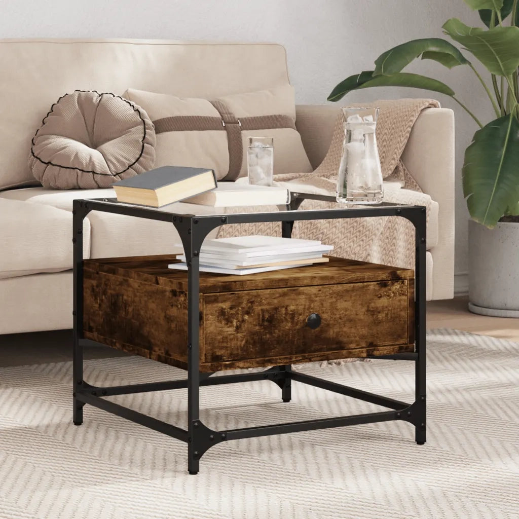Tavolino da salotto | Tavolino da caff¨¨ | Tavolino da Soggiorno con Piano in Vetro Rovere Fumo 50x50x45 cm Acciaio