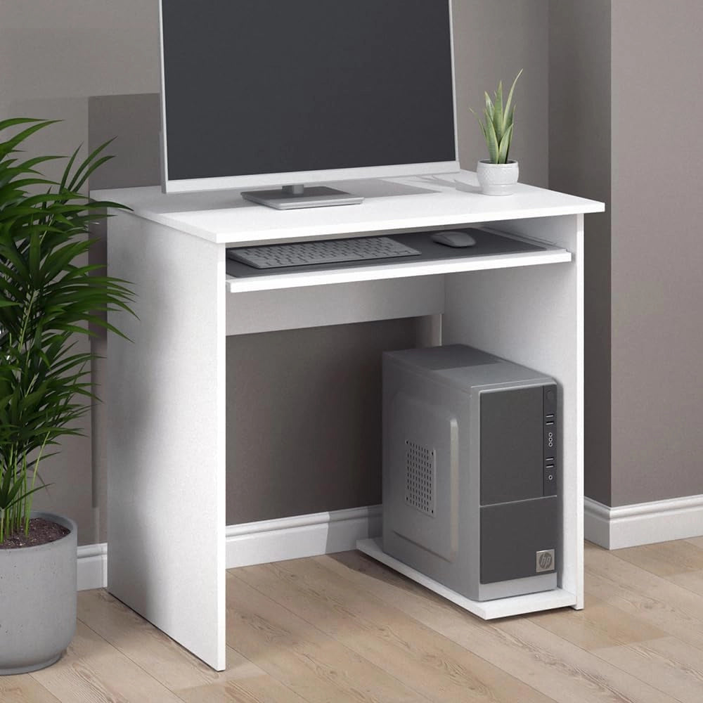 Scrivania Nick, Bianco, 80 x 58 cm, con ripiano estraibile per tastiera e supporto per unità di sistema
