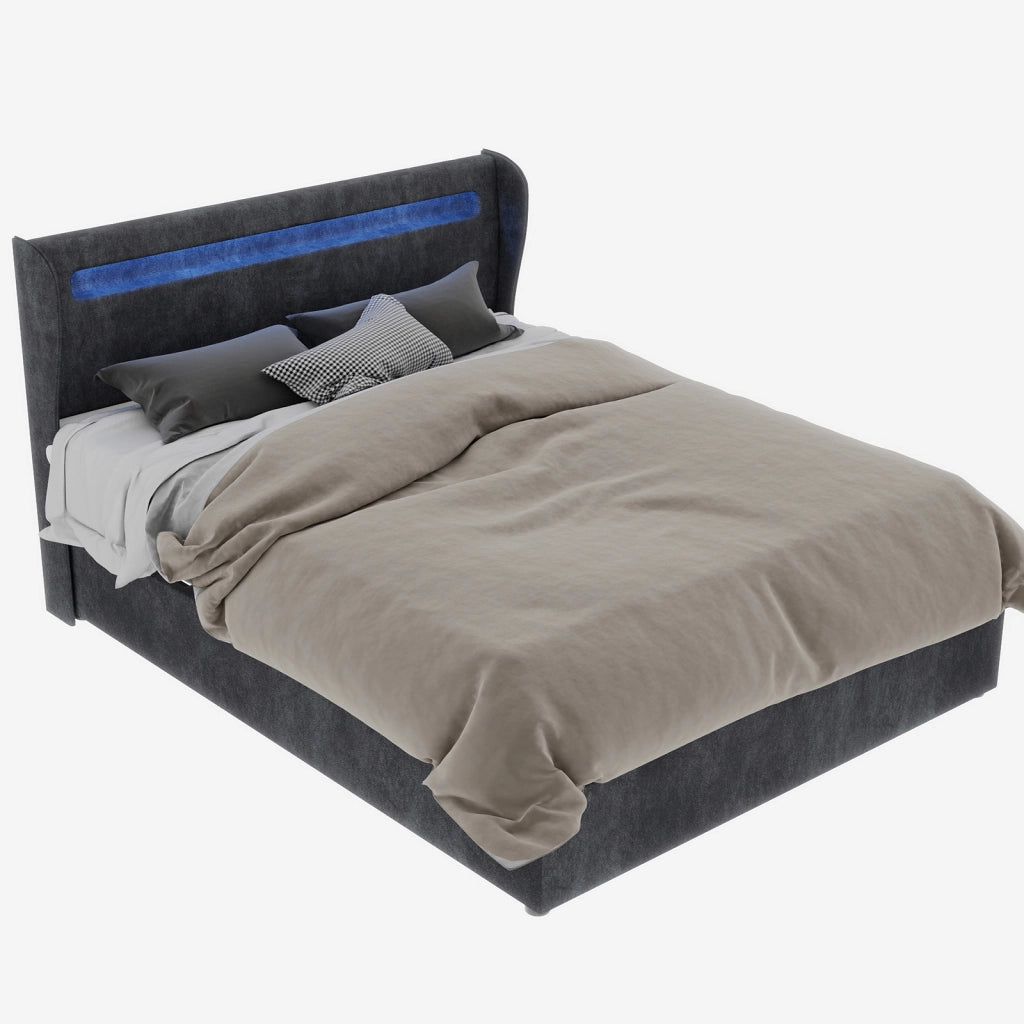 Letto Basso 140x200 cm; LED Regolabile e Schienale Regolabile - in Tessuto e Metallo - Grigio