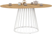 Tavolo da pranzo rotondo allungabile YUNA per 4-8 persone con piano in legno e gamba in filo metallico bianco 110-150 cm