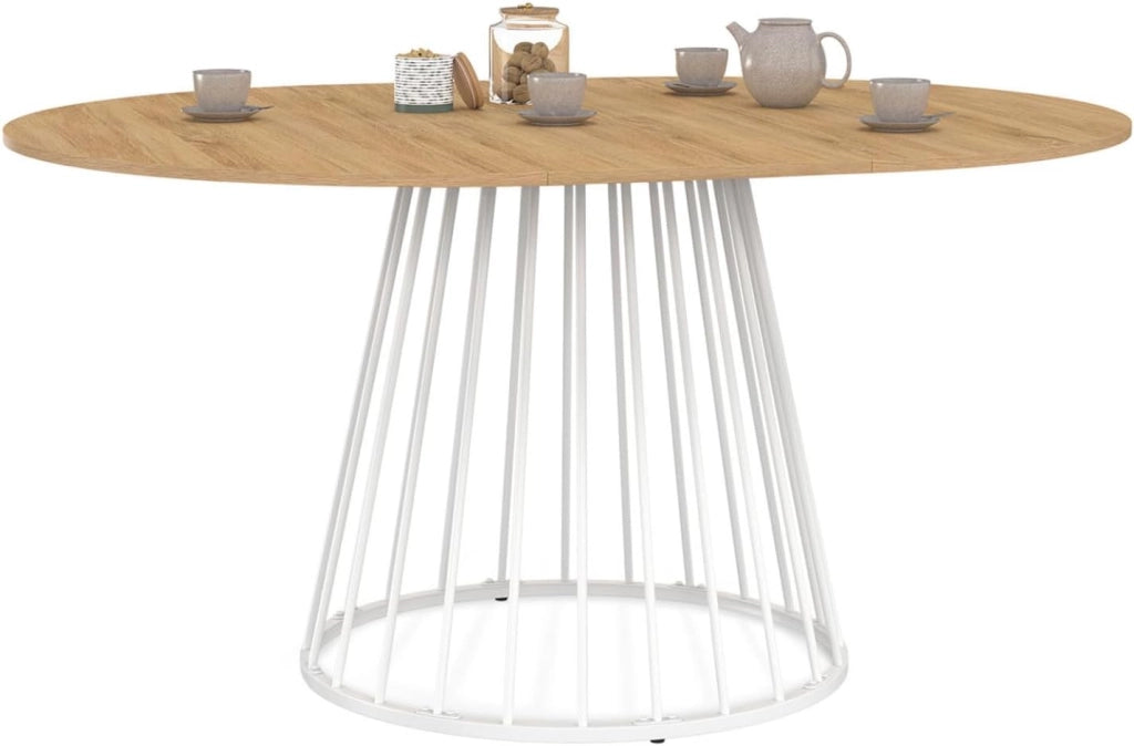 Tavolo da pranzo rotondo allungabile YUNA per 4-8 persone con piano in legno e gamba in filo metallico bianco 110-150 cm