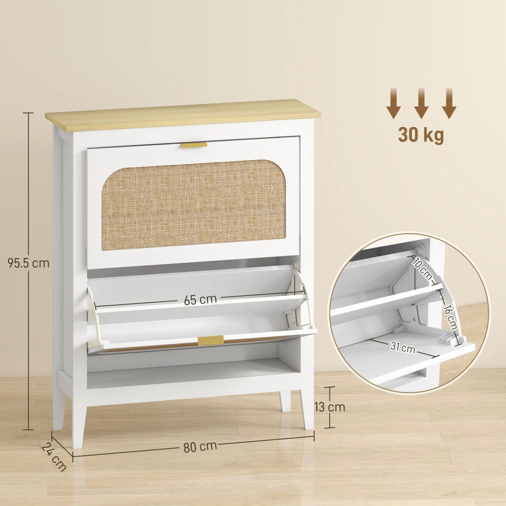 Scarpiera Slim Stile Boho con 2 Cassetti Ribaltabili per 14 Paia di Scarpe 80x24x95,5 cm Anta con Pannello in Rattan