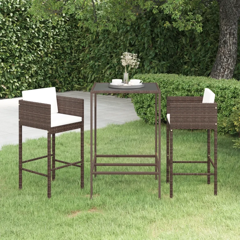 Set Bar da Giardino 3 pz | Set Salotto da Giardino con Cuscini in Polyrattan Marrone