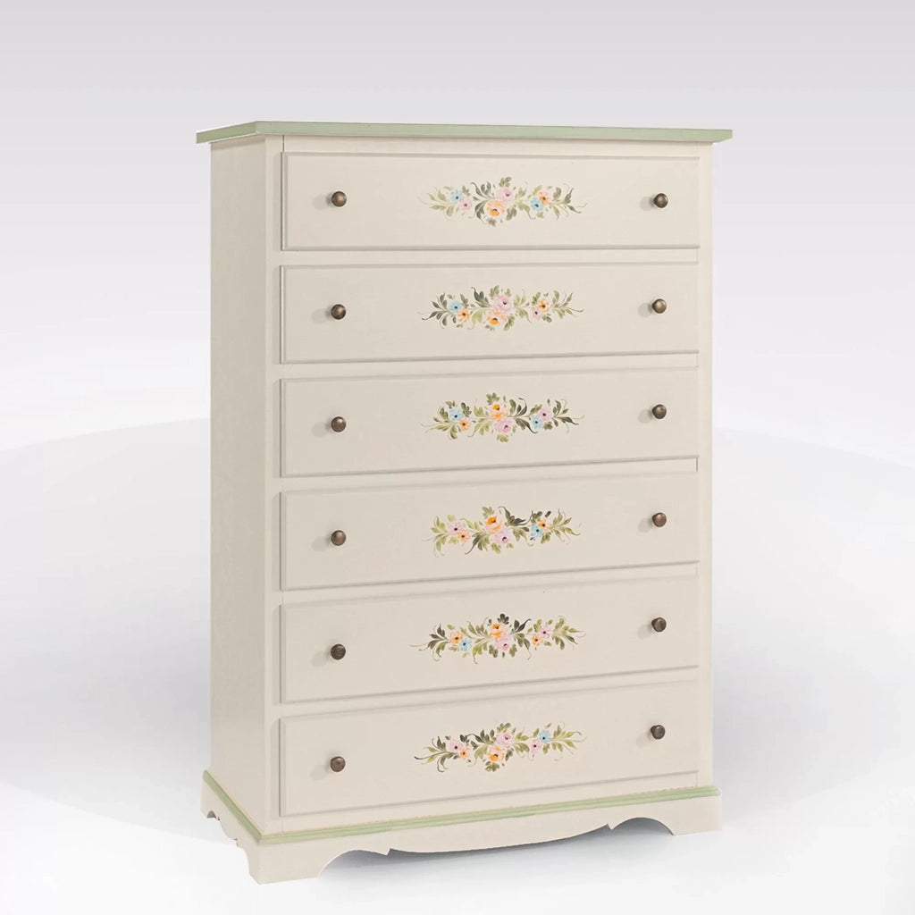 Cassettiera 6 cassetti legno shabby bianco decori 97x49x140 (491) - Mobili 2G