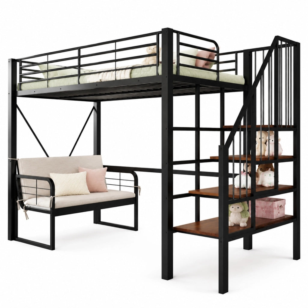 Letto a castello 90x200 cm in metallo con divano e scala contenitore