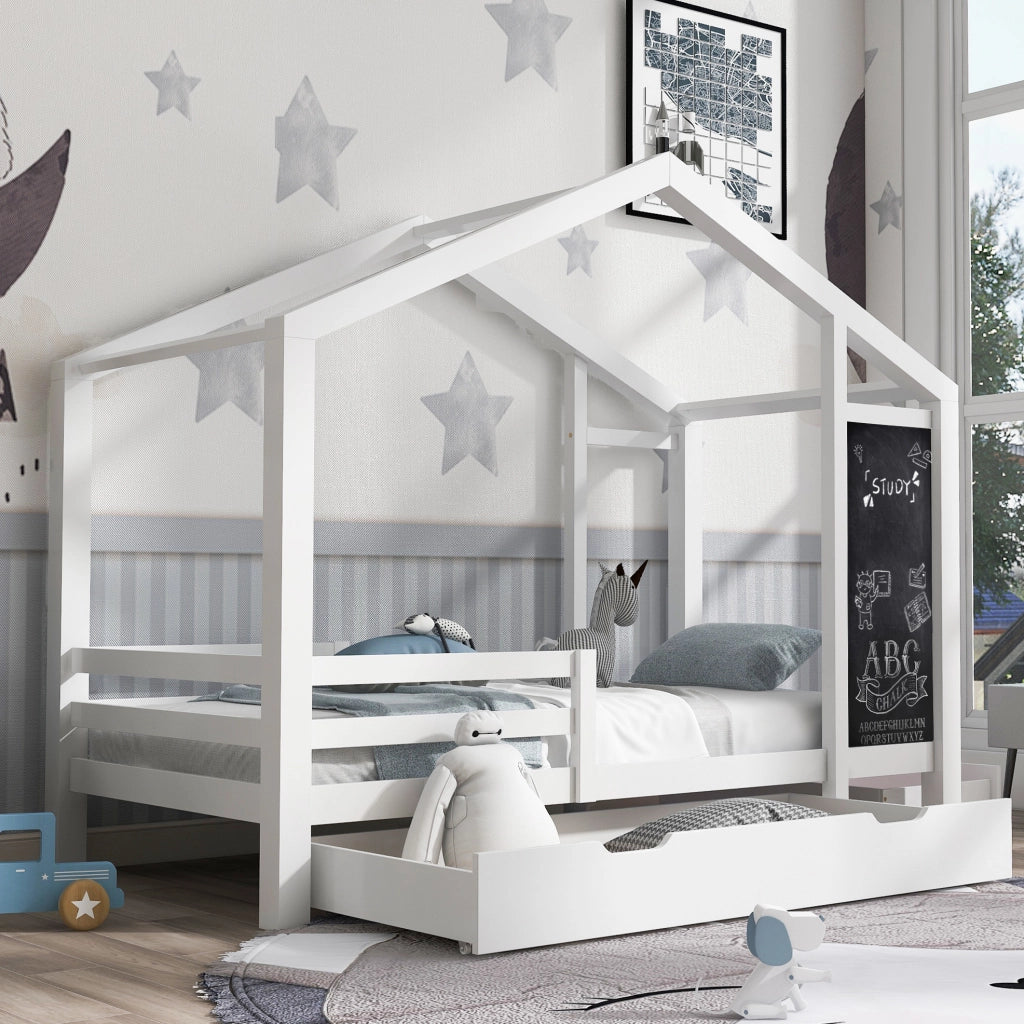 Letto a casetta per bambini 90x200 cm con lavagna e cassetti
