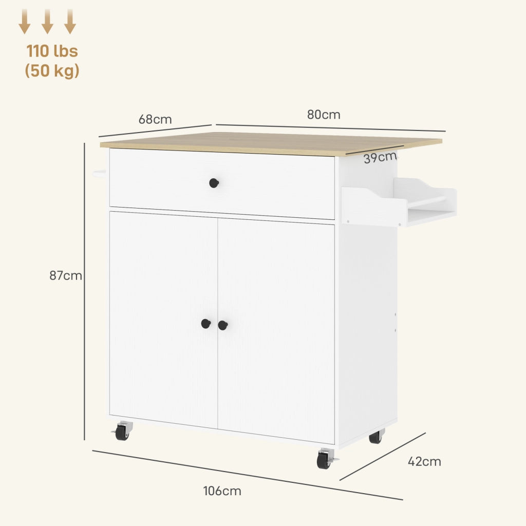 Carrello da Cucina con 1 Cassetto e 2 Ante; Piano Ribaltabile e Ripiano Regolabile; 106x42x87 cm; Bianco