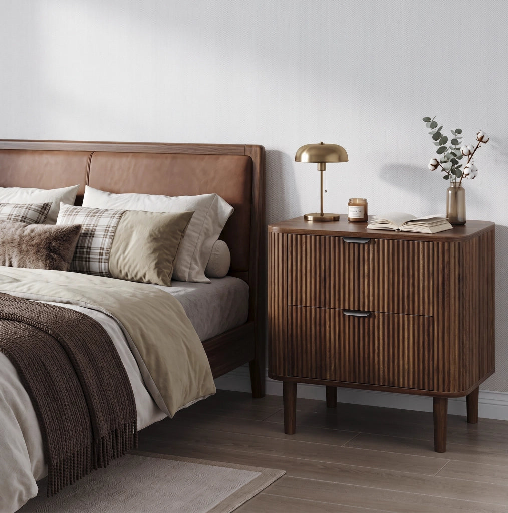 COMODINO 2 Cassetti MDF Color Noce con Frontali Scanalati