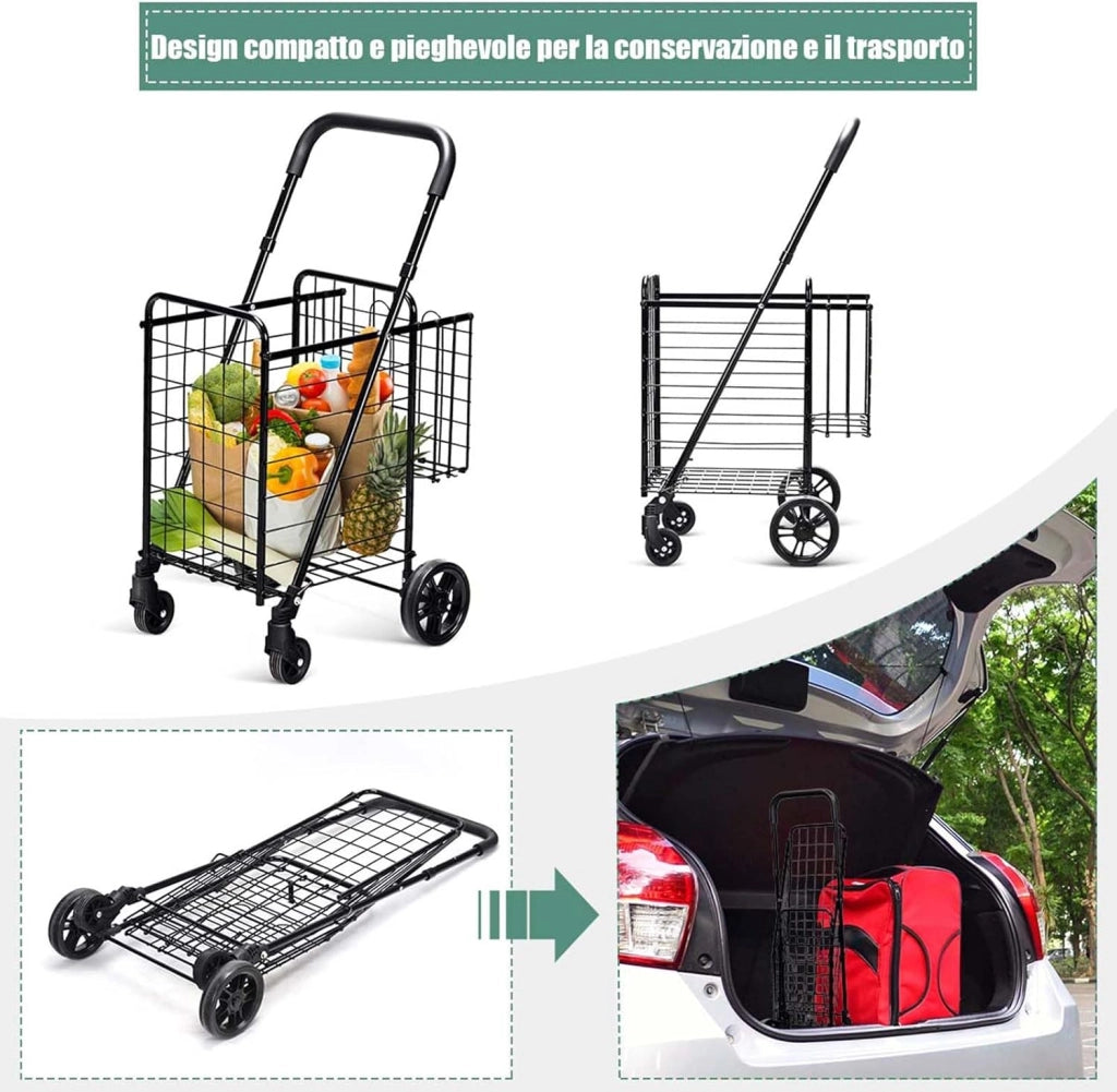 Carrello Portaspesa Pieghevole, Carrello Spesa con Ruote Girevoli a 360 °, Manico Regolabile, 2 Cesti, Capacità di Carico: 20 kg, 58L, 43 x 52 x 89-95 cm (Nero)