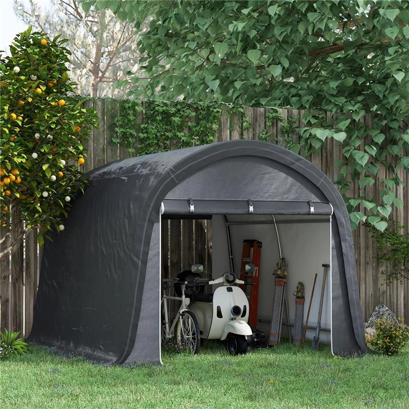 TENDONE DA GIARDINO PER MOTO, BICI E ATTREZZI CON 2 INGRESSI A ZIP, IN ACCIAIO E PE, 300X300X235 CM, GRIGIO