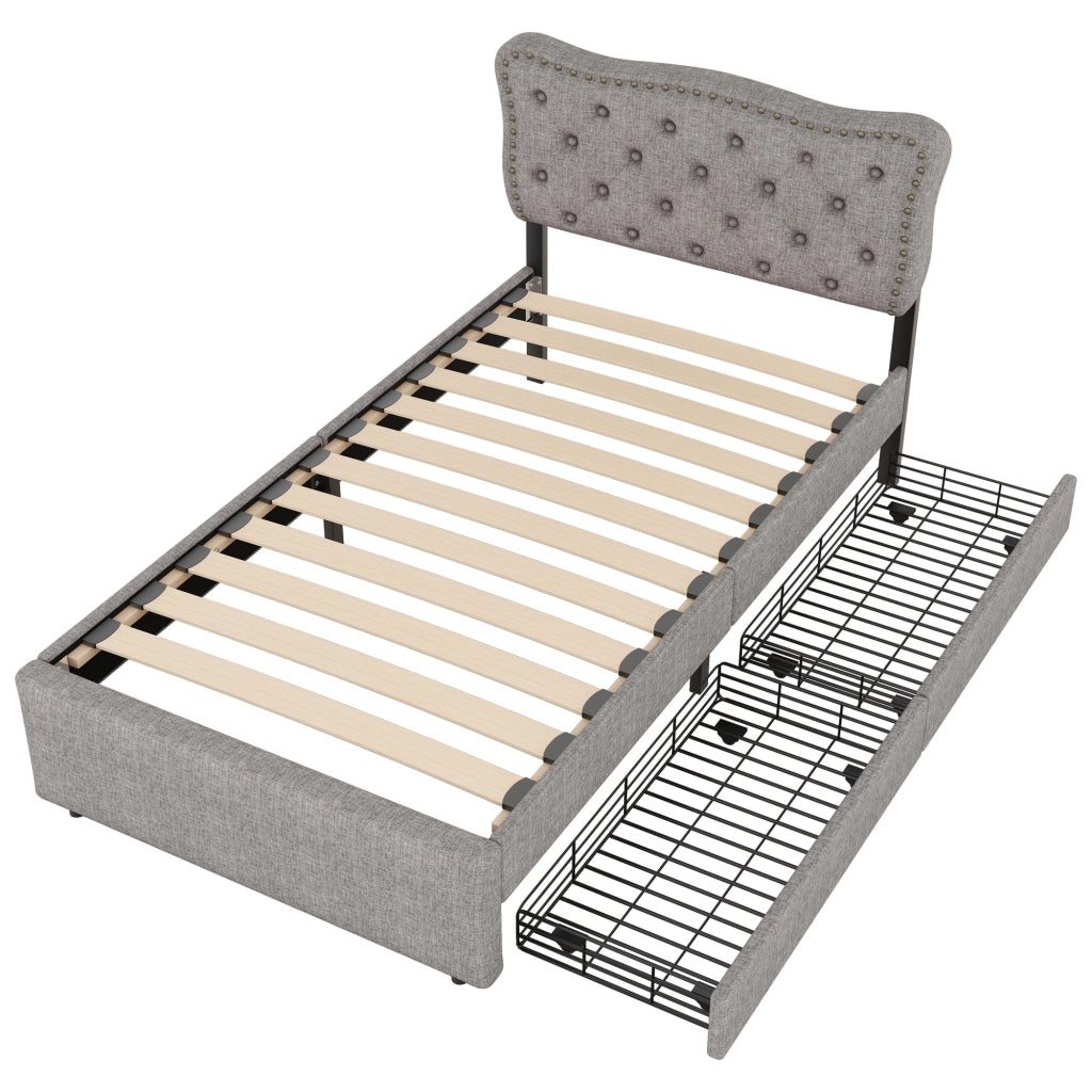 OKWISH Letto Singolo 90×200 cm con 2 Cassetti, Testiera Regolabile e Borchie Decorative, senza Materasso, in MDF e Lino, Grigio