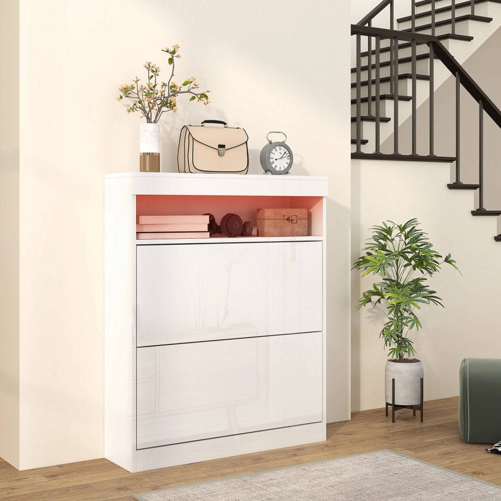 Armadio per scarpe con 2 ante e luci LED ¨C zephmum ¨C Bianco brillante 80x24x99,5 cm