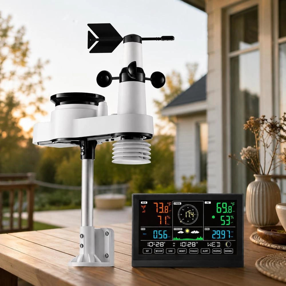 5-in-1 Wi-Fi Weather Station, 7.5-inch VA Display, Solar-powered Outdoor Sensor, Weather Center For Weather Forecast, Wind Speed, Wind Direction, Temperature, Humidity, Precipitation
