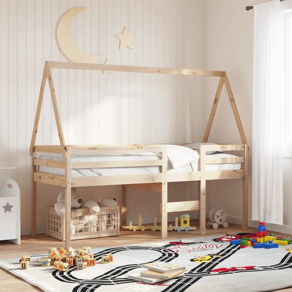 Letto singolo | Letto per adulti | Letto a Soppalco con Tetto 75x190 cm in Legno Massello di Pino