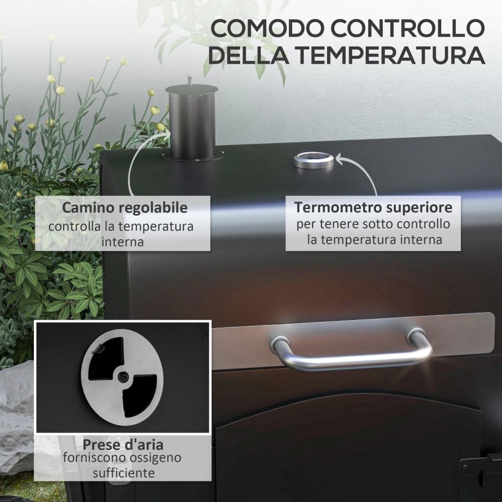 Barbecue da Giardino con Griglia e Affumicatore ¨C zephmum ¨C Nero, Metallo e Ghisa, 124x66x112 cm