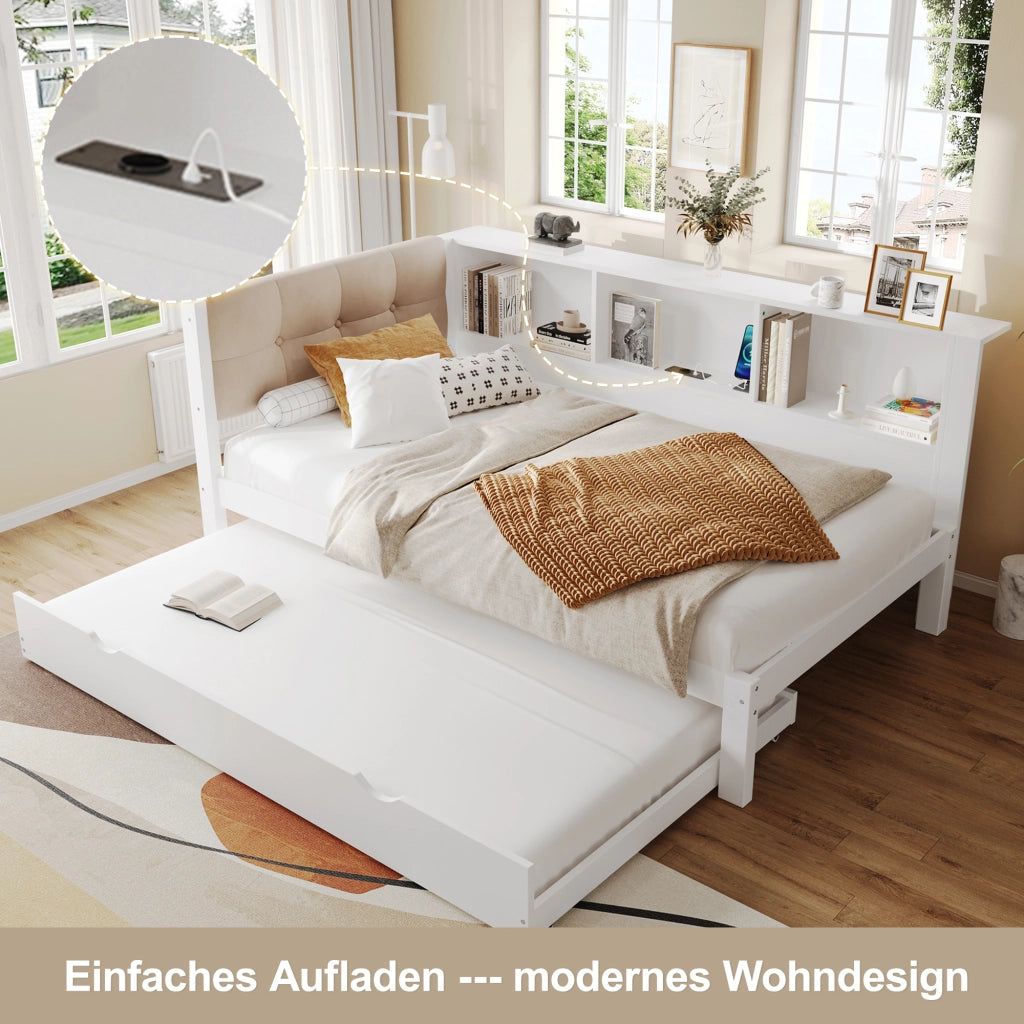 OKWISH Letto a Scomparsa 90×200 cm, Letto Singolo con Letto Estraibile, LED Regolabile, Ripiani e USB, senza Materasso, Legno, Bianco