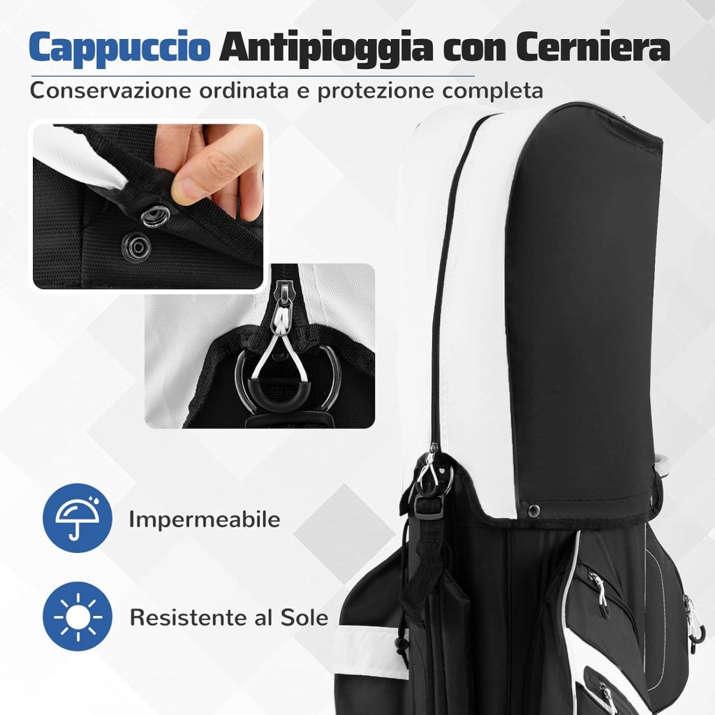 Borsa Carrello da Golf, Sacca da Golf con Serratura e Divisori a 14 Vie, 11 Tasche, Sacca Isolante, Tracolla Imbottita, Maniglie, Porta Ombrello e Cappuccio Antipioggia