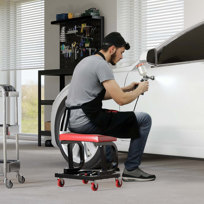 Sgabello per officina con ruote; sgabello di montaggio, carrello meccanico con ripiano porta-attrezzi