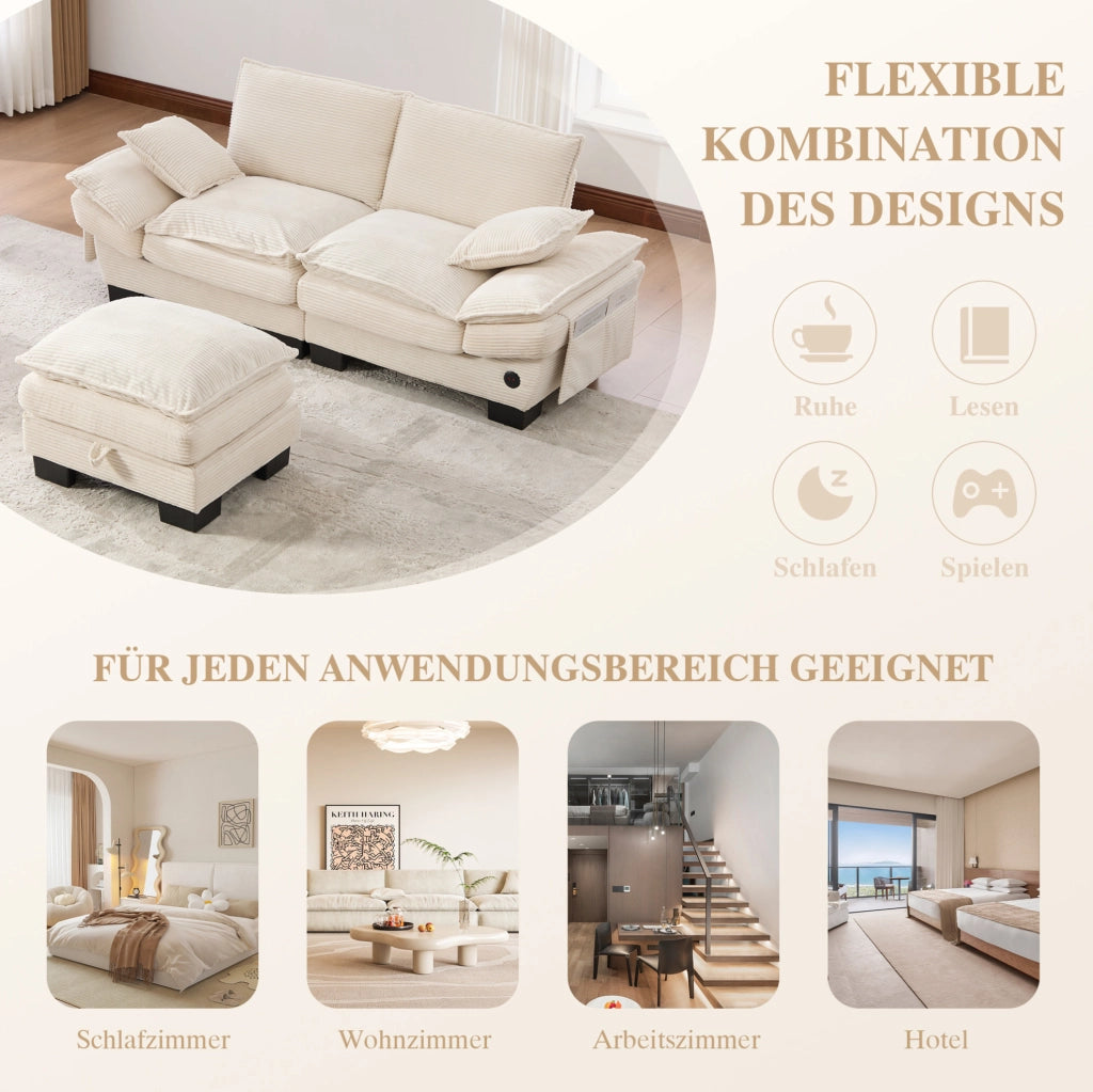 Divano 2 posti in velluto a coste beige con pouf e USB-C