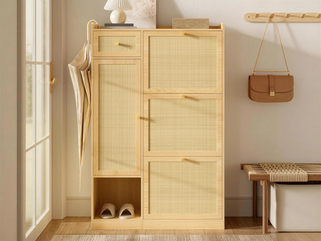 Scarpiera in truciolare con 3 ante a ribalta, 1 cassetto e 1 anta, design in rattan per ingresso, 80,5 × 25 × 125 cm