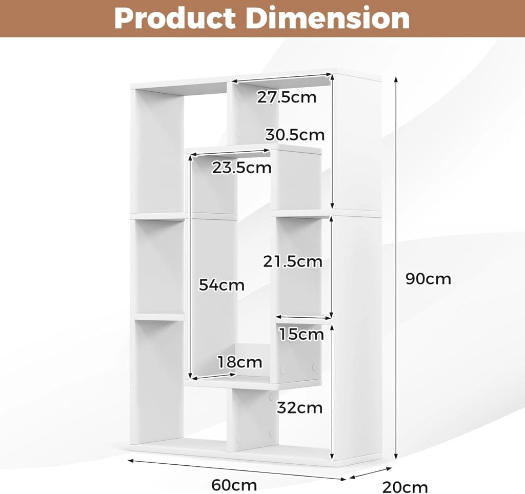 Scaffale per libreria, divisorio in legno, con 7 scomparti, 60 x 20 x 90 cm, per soggiorno, studio e camera da letto (bianco)