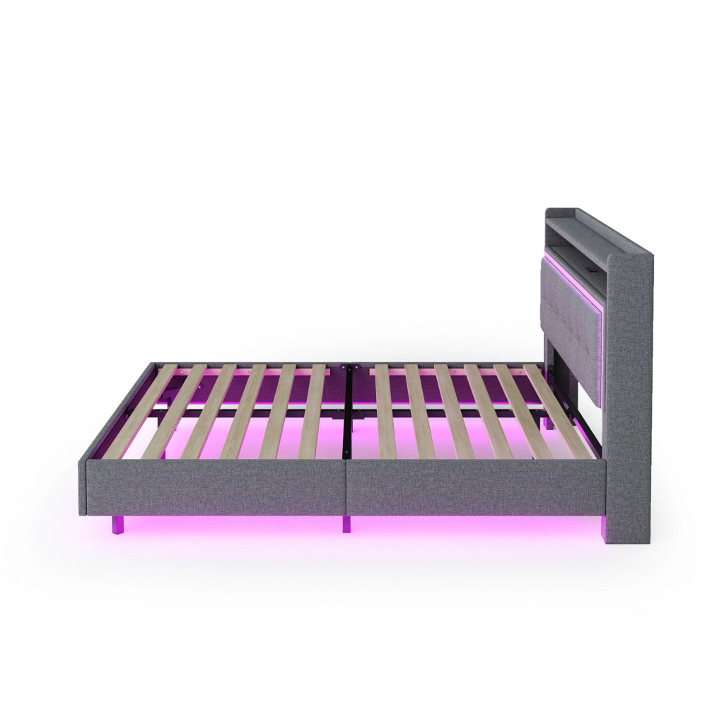 Letto imbottito matrimoniale 140x200 cm con USB e LED; grigio in tessuto effetto lino